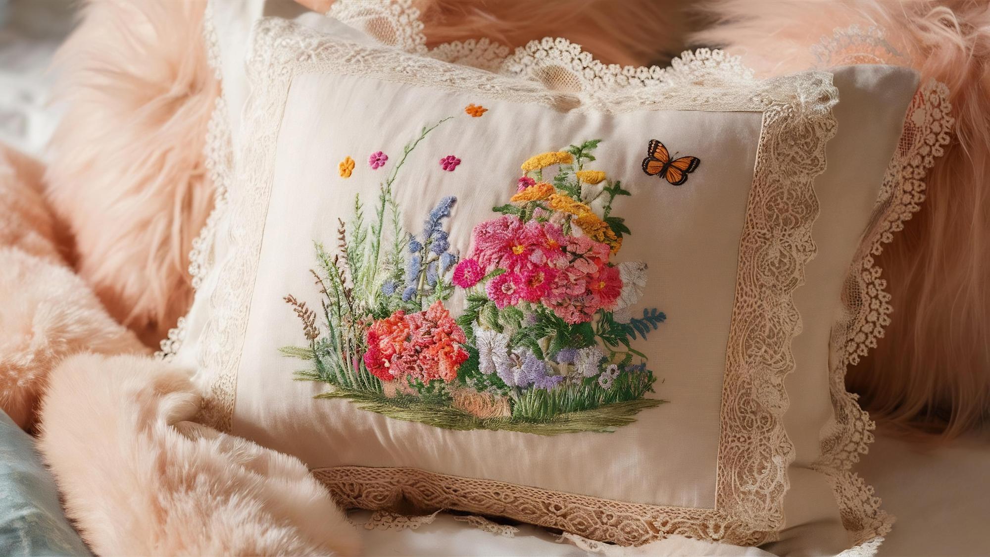 haftowana poduszka w pastelowych tonach